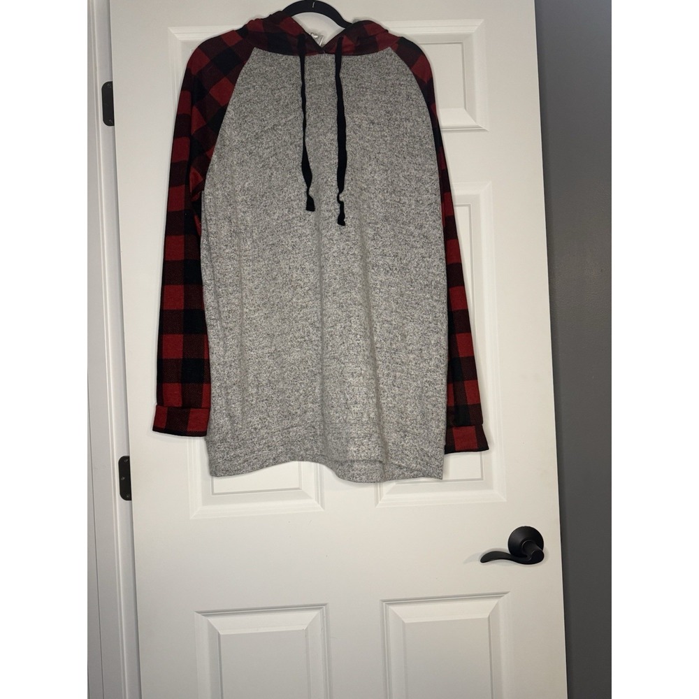 Grateful Hearts Hooded Pullover Sweater 1x Gray W Buffalo Check Plaid Cabin Core